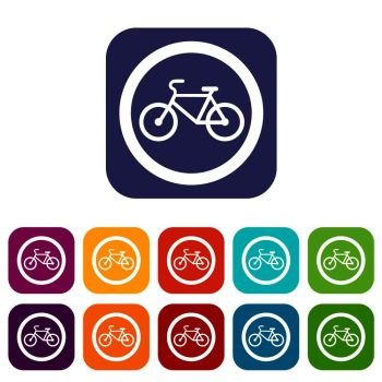 Travel by bicycle is prohibited traffic sign icons set vector illustration in flat style In colors red, blue, green and other. Travel by bicycle is prohibited traffic sign icons