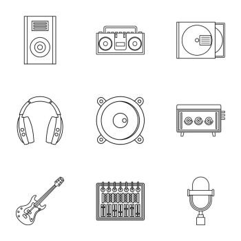 Music recording icon set. Outline style set of 9 music recording vector icons for web isolated on white background. Music recording icon set, outline style