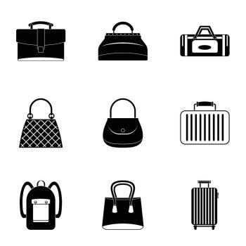 Different bagage icon set. Simple style set of 9 different bagage vector icons for web isolated on white background. Different bagage icon set, simple style