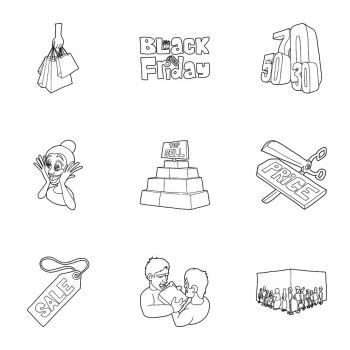 Hot sales icons set. Outline illustration of 9 hot sales vector icons for web. Hot sales icons set, outline style