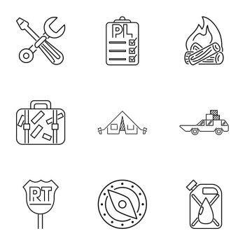 Camp icons set. Outline illustration of 9 camp vector icons for web. Camp icons set, outline style