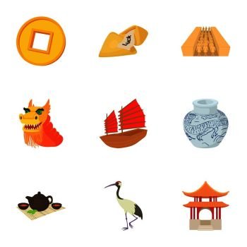Tourism in China icons set. Cartoon illustration of 9 tourism in China vector icons for web. Tourism in China icons set, cartoon style