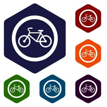 Travel by bicycle is prohibited traffic sign icons set rhombus in different colors isolated on white background. Travel by bicycle icons set