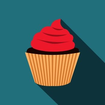 Pink cupcake icon. Flat illustration of pink cupcake vector icon for web on baby blue background. Pink cupcake icon, flat style