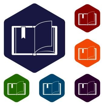 Open book icons set rhombus in different colors isolated on white background. Open book icons set