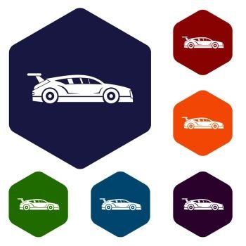 Rally racing car icons set rhombus in different colors isolated on white background. Rally racing car icons set