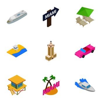 Miami Beach, Florida icons set. Isometric 3d illustration of 9 Miami Beach, Florida vector icons for web. Miami Beach, Florida icons set, isometric 3d style