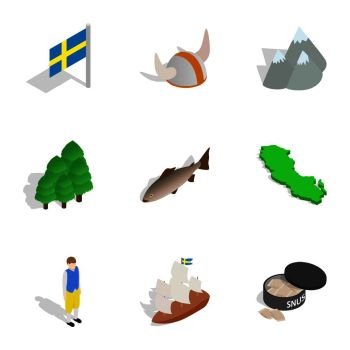 Sweden icons set. Isometric 3d illustration of 9 Sweden vector icons for web. Sweden icons set, isometric 3d style
