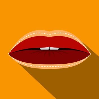 Red lips with lines drawn around it icon. Flat illustration of red lips with lines drawn around it vector icon for web isolated on yellow background. Red lips with lines drawn around it icon