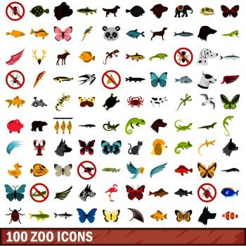 100 zoo icons set in flat style for any design vector illustration. 100 zoo icons set, flat style