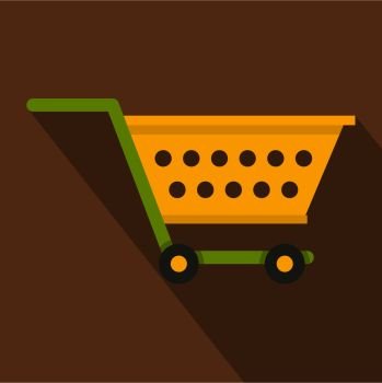 Empty yellow supermarket cart icon. Flat illustration of empty yellow supermarket cart vector icon for web isolated on coffee background. Empty yellow supermarket cart icon, flat style