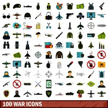 100 war icons set in flat style for any design vector illustration. 100 war icons set, flat style