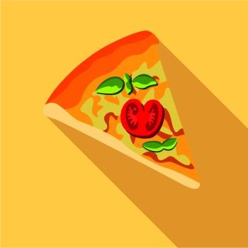 Pizza with tomatoes and basil icon. Flat illustration of pizza with tomatoes and basil vector icon for web. Pizza with tomatoes and basil icon, flat style