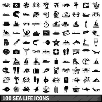 100 sea life icons set in simple style for any design vector illustration. 100 sea life icons set, simple style 