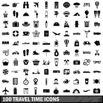 100 travel time icons set in simple style for any design vector illustration. 100 travel time icons set, simple style 