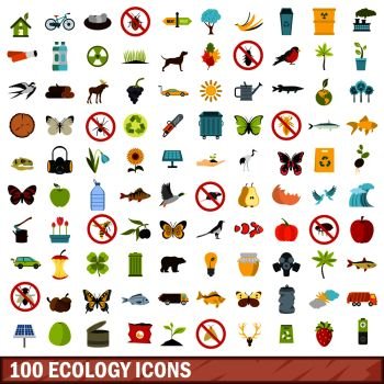 100 ecology icons set in flat style for any design vector illustration. 100 ecology icons set, flat style