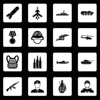 War icons set in white squares on black background simple style vector illustration. War icons set squares vector