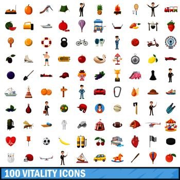 100 vitality icons set in cartoon style for any design vector illustration. 100 vitality icons set, cartoon style