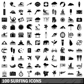 100 surfing icons set in simple style for any design vector illustration. 100 surfing icons set, simple style 