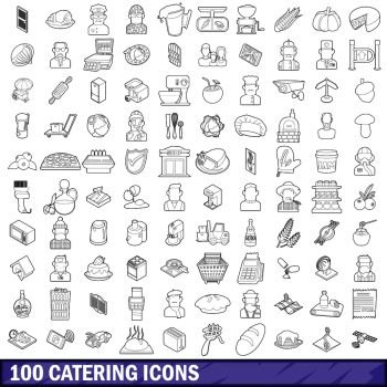 100 catering icons set in outline style for any design vector illustration. 100 catering icons set, outline style