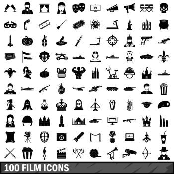 100 film icons set in simple style for any design vector illustration. 100 film icons set, simple style 
