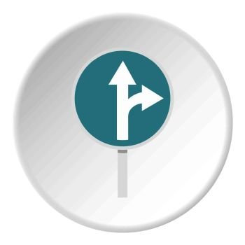 Blue straight or right turn ahead road siign icon in flat circle isolated vector illustration for web. Blue straight or right turn ahead road sign icon