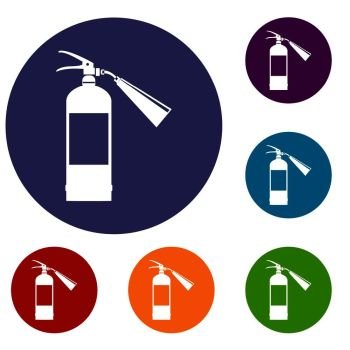 Fire extinguisher icons set in flat circle reb, blue and green color for web. Fire extinguisher icons set