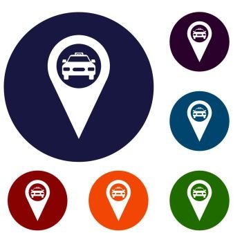 Geo taxi icons set in flat circle reb, blue and green color for web. Geo taxi icons set