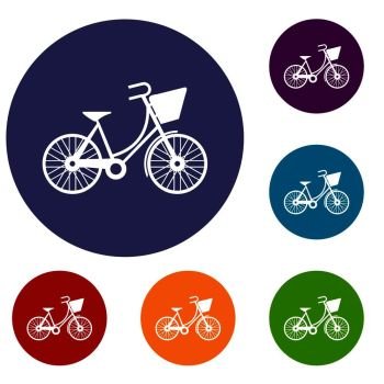 Bike with luggage icons set in flat circle reb, blue and green color for web. Bike with luggage icons set
