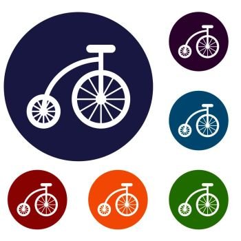 Children bicycle icons set in flat circle reb, blue and green color for web. Children bicycle icons set