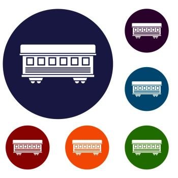 Passenger train car icons set in flat circle reb, blue and green color for web. Passenger train car icons set