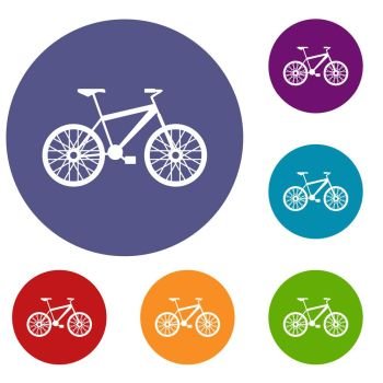 Bike icons set in flat circle reb, blue and green color for web. Bike icons set