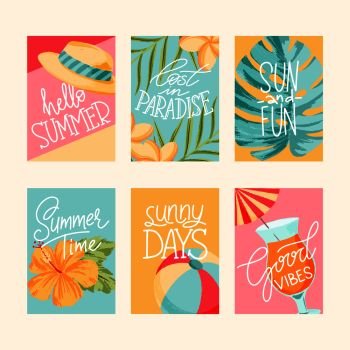 Vector summer cards collection,  elements with quotes, greeting cards, sale badges, scrapbook, poster, cover tag invitation. Summer Cards Collection