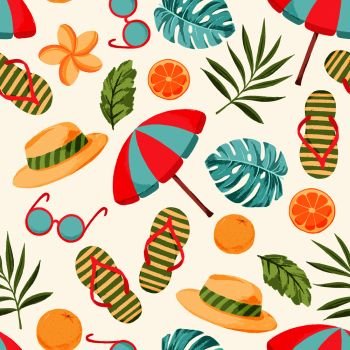 Vector seamless summer pattern with tropical vacation elements, pal leaves, flowers. Best for summer party.



. Summer elements pattern