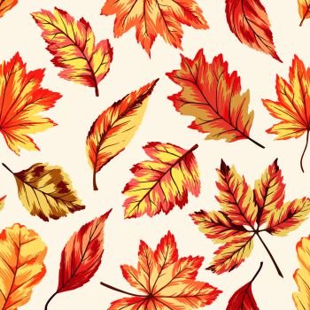 Seamless background pattern with  autumn bright leaves. Fall backdrop for fabric, textile, wrapping paper, card, invitation, wallpaper, web design.. Autumn Seamless Pattern