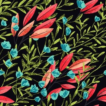 Hand drawn vector seamless pattern in dark background with field flowers and leaves and gentle texture.
