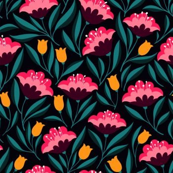 Hand drawn seamless pattern with folk colorful flowers. Cute bright vector background for textile, fabric, backdrops, web