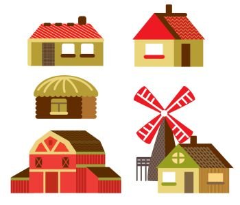 Colorful decorative set of outline red cartoon Barn, mill and country houses. Farm vector cartoon flat illustration in different colors isolated on white background. 