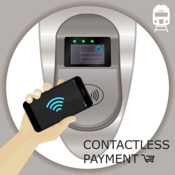 Airport, metro, subway ticket terminal for wireless payments. RFID. Hand holding smartphone for transport payment gate. Contactless. Vector.