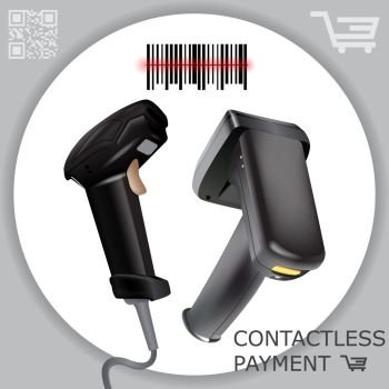 Hand held wireless barcode scanner reader scanning bar code on white background. Laser beam. Vector illustration in 3d realistic contactless style.