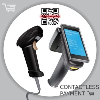 Hand held wireless barcode scanner reader scanning bar code on white background. Laser beam. Vector illustration in 3d realistic contactless style.