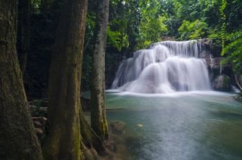 Deep forest waterfall at Erawan waterfall National Park Kanjanaburi Thailand