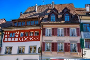 STEIN AM RHEIN, SWITZERLAND - MARCH 24, 2018 : Colorful building in old swiss town Stein Am Rhein in Switzerland