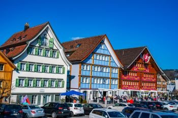 APPENZELL, SWITZERLAND -MARCH 24, 2018  : View of central square at Appenzell Switzerland in the morning of sunny day in early spring