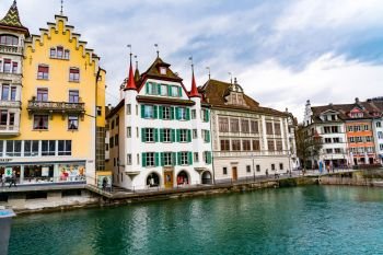 LUCERNE, SWITZERLAND - MARCH 30, 2018 : View of the historic center of Lucerne and the lake Lucerne in Switzerland