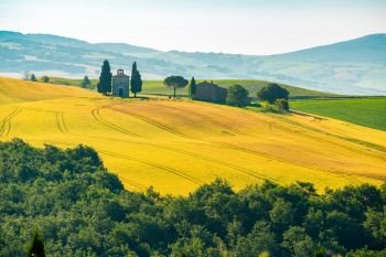Natural landscape of summer at beautiful hilly field Tuscany  with a little chapel of Madonna di Vitaleta in Valdorcia Italy