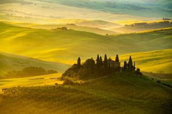 View of beautiful hilly Tuscan field in the golden morning light with farm house Cypress tree and hay bales in Valdorcia Italy