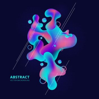 Abstract trendy fluid shape bright gradient colors on dark background. Diagonal white lines and liquid or ink drops design element with Copy Space. Vector Illustration