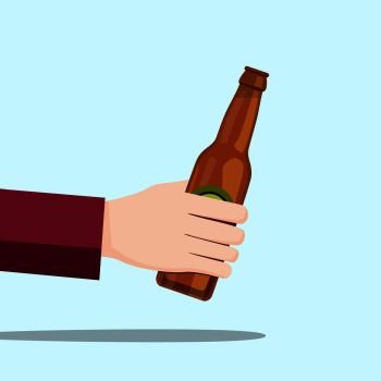 Left hand holding a beer bottle and blue background