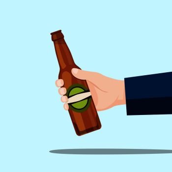 Right hand holding a beer bottle and blue background